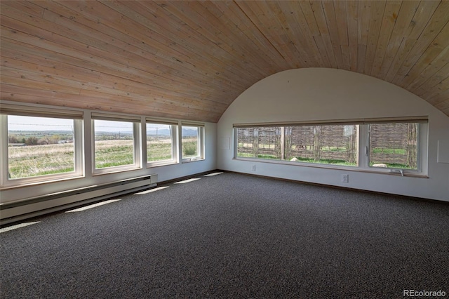 4586 N 95th St, Lafayette, CO 80026 - unfurnished room featuring vaulted ceiling, wood ceiling, carpet, and baseboard heating