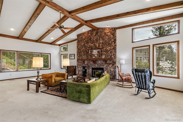 4 Pine Rd, Colorado Springs, CO 80906 - carpeted living room featuring baseboards, recessed lighting, beamed ceiling, healthy amount of natural light, and ceiling fan