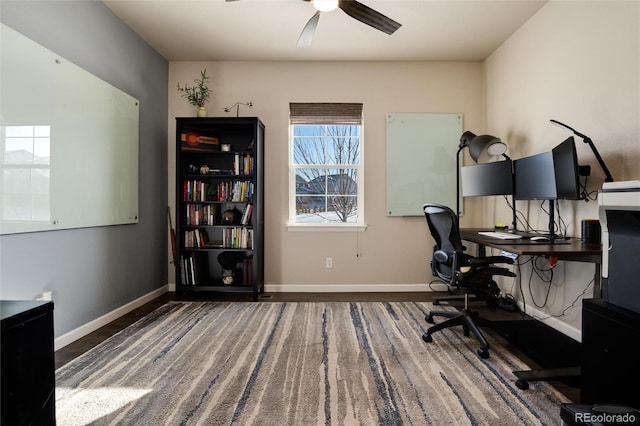 office space with ceiling fan and hardwood / wood-style floors