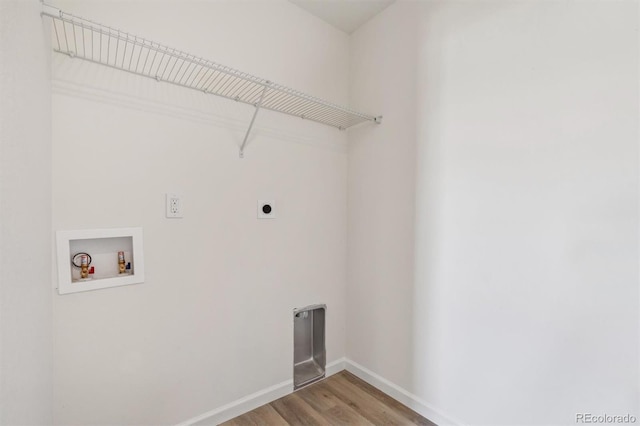 washroom with hardwood / wood-style floors, hookup for a washing machine, and electric dryer hookup