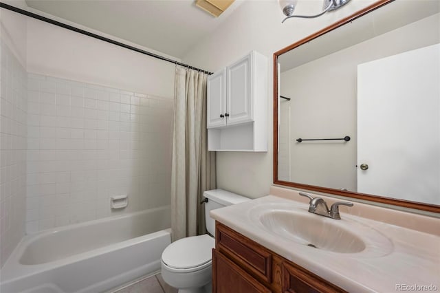 bathroom featuring toilet, vanity, and shower / bath combination with curtain