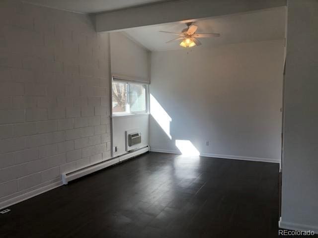 empty room featuring baseboard heating, dark hardwood / wood-style flooring, lofted ceiling with beams, and ceiling fan