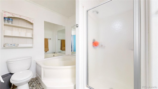 66095 E Kettle Pl, Byers, CO 80103 - bathroom with a stall shower, toilet, a garden tub, and ornamental molding