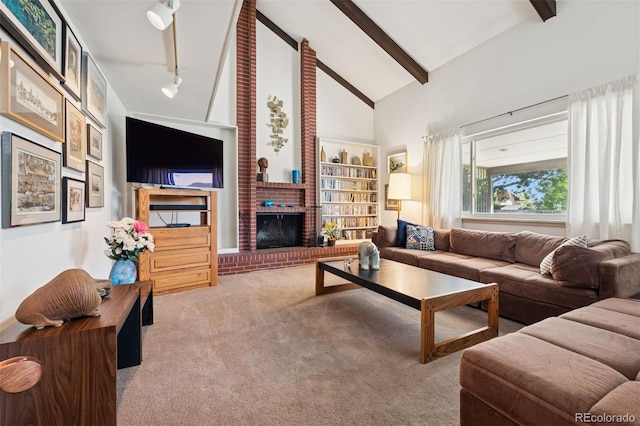 3832 S Quebec St, Denver, CO 80237 - living area with carpet floors, beam ceiling, a fireplace, and high vaulted ceiling