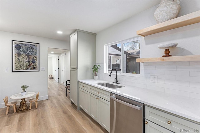 3800 W Eisenhower Blvd, Loveland, CO 80537 - kitchen with open shelves, dishwasher, a sink, light wood-style floors, and backsplash