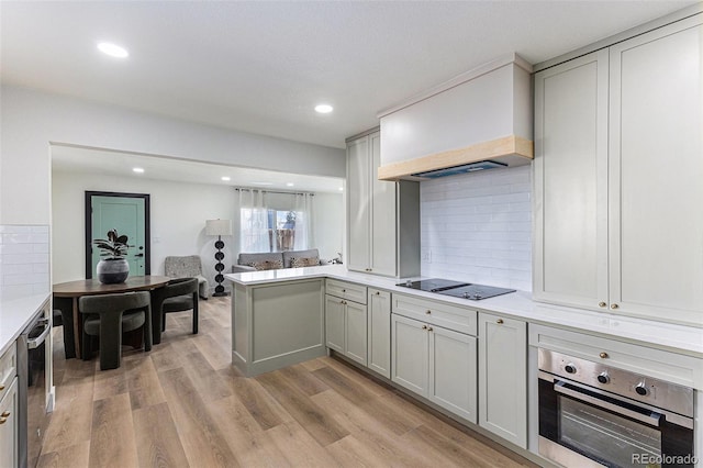 3800 W Eisenhower Blvd, Loveland, CO 80537 - kitchen featuring light wood-style floors, stainless steel oven, black electric cooktop, premium range hood, and backsplash