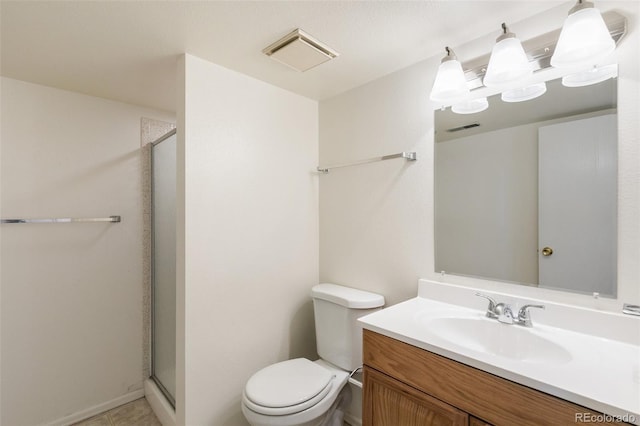 bathroom with toilet, vanity, a shower stall, and visible vents