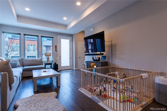 living room featuring a tray ceiling and dark hardwood / wood-style floors