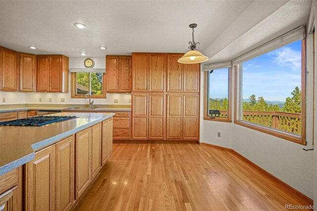 kitchen featuring decorative light fixtures, light hardwood / wood-style floors, and sink