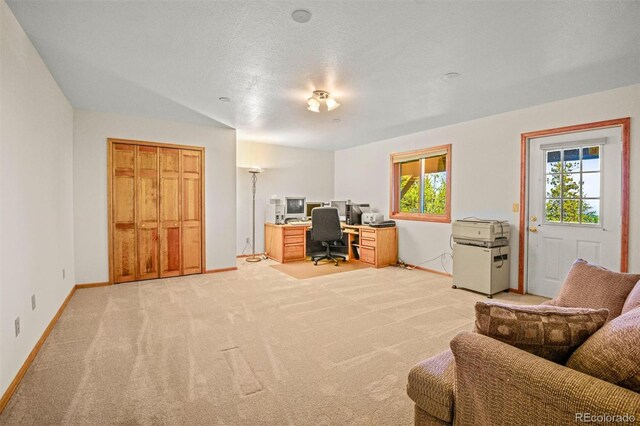 office area featuring light carpet, a textured ceiling, and a wealth of natural light