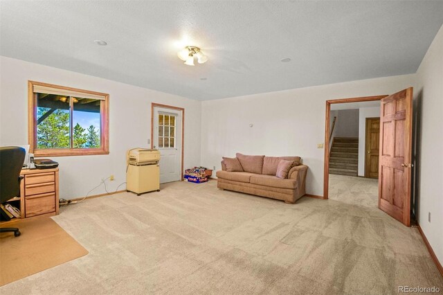 carpeted living room with a textured ceiling