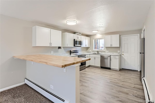 kitchen featuring kitchen peninsula, stainless steel appliances, baseboard heating, white cabinets, and light wood-type flooring