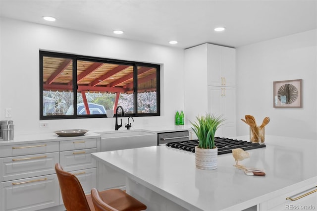 1325 S Grape St, Denver, CO 80222 - kitchen featuring white cabinets, light countertops, recessed lighting, a kitchen breakfast bar, and appliances with stainless steel finishes