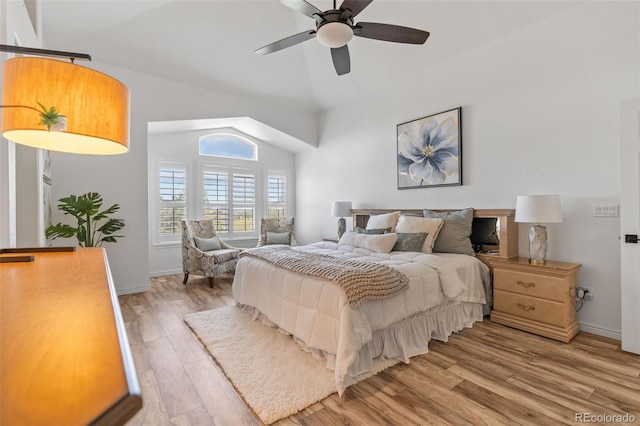 9576 E 147th Pl, Brighton, CO 80602 - bedroom with light wood finished floors, high vaulted ceiling, and ceiling fan