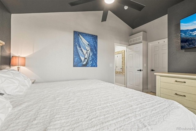 bedroom featuring lofted ceiling and ceiling fan