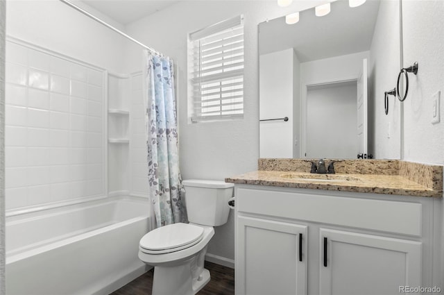 full bathroom featuring shower / bath combination with curtain, vanity, toilet, and hardwood / wood-style flooring