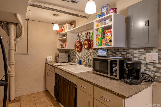 835 N Union Blvd, Colorado Springs, CO 80909 - kitchen with open shelves, electric panel, decorative backsplash, light tile patterned flooring, and stainless steel microwave