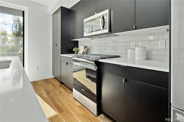 kitchen featuring backsplash, light hardwood / wood-style flooring, and stainless steel appliances