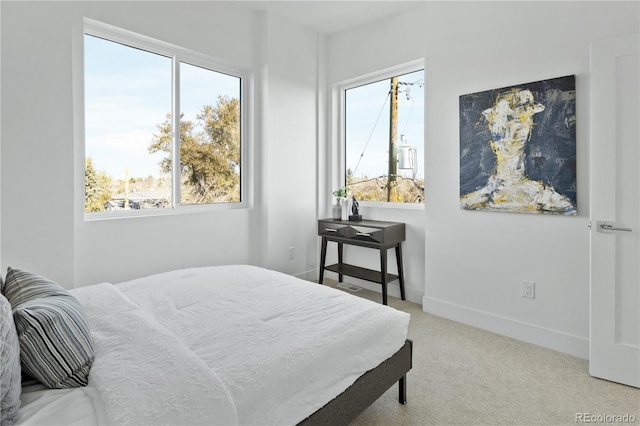 bedroom with light carpet