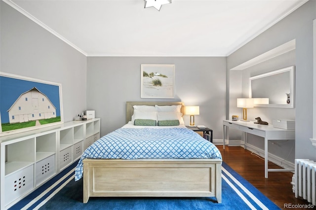 bedroom with radiator, crown molding, and dark hardwood / wood-style flooring