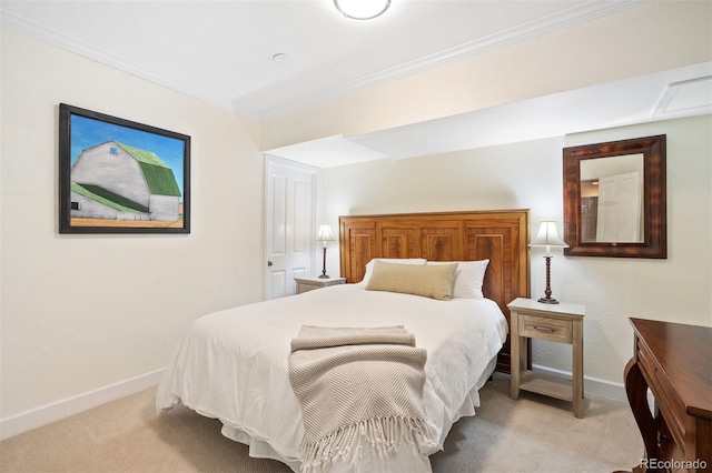 bedroom with crown molding and light colored carpet