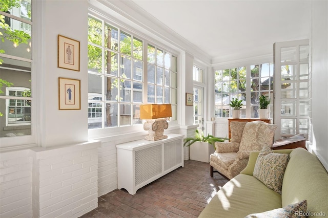 141 N Gilpin St, Denver, CO 80218 - sunroom with radiator, brick flooring, and ornamental molding