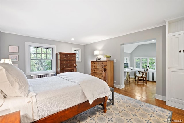 141 N Gilpin St, Denver, CO 80218 - bedroom with radiator, multiple windows, ornamental molding, light wood finished floors, and recessed lighting