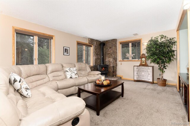 31673 Ponderosa Way, Evergreen, CO 80439 - living room with a wood stove and light carpet