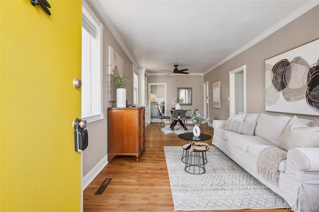 4883 Perry St, Denver, CO 80212 - living area with light wood-style flooring, a ceiling fan, and ornamental molding