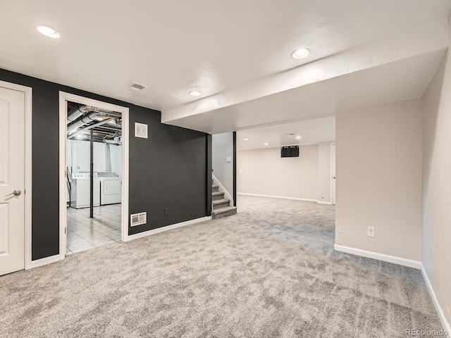 170 W Midway Blvd, Broomfield, CO 80020 - finished below grade area with independent washer and dryer, carpet flooring, stairs, baseboards, and recessed lighting