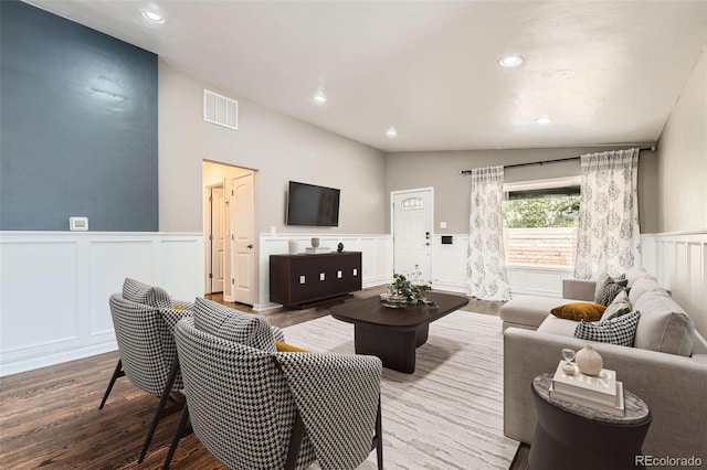 170 W Midway Blvd, Broomfield, CO 80020 - living area featuring a decorative wall, wood finished floors, a wainscoted wall, and recessed lighting