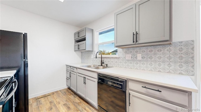 kitchen with range with electric cooktop, a sink, light countertops, backsplash, and dishwasher