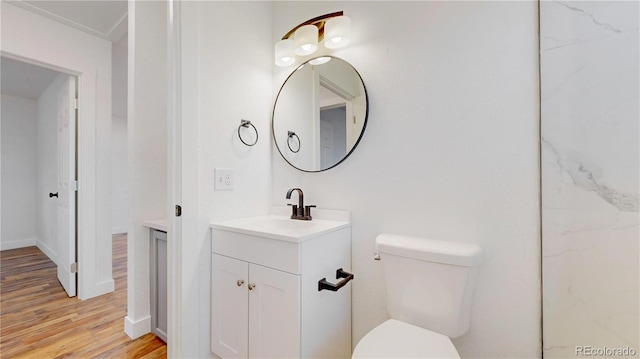 bathroom with vanity, wood finished floors, and toilet