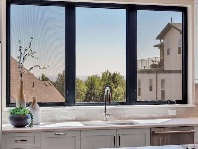 interior details with dishwasher, sink, white cabinets, and backsplash