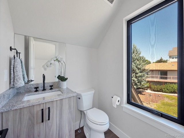 bathroom featuring vanity, hardwood / wood-style floors, lofted ceiling, and toilet