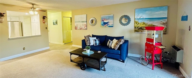 living room with light carpet and ceiling fan