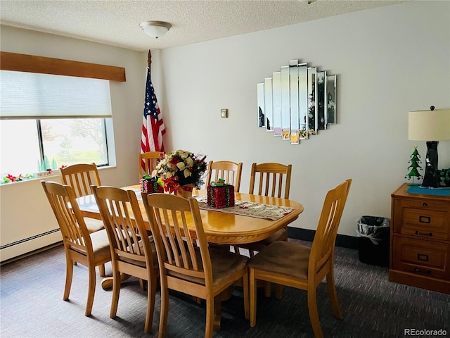 dining area with baseboard heating, carpet, and a textured ceiling