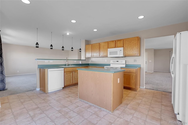 kitchen featuring light carpet, white appliances, a center island, and sink