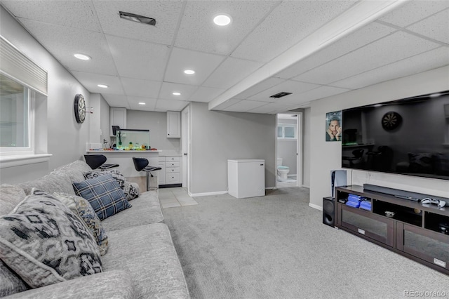 5075 Weeping Willow Cir, Highlands Ranch, CO 80130 - living room with light colored carpet, a drop ceiling, and recessed lighting