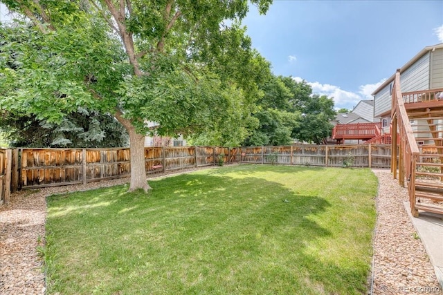 5075 Weeping Willow Cir, Highlands Ranch, CO 80130 - fenced backyard featuring stairs and a wooden deck