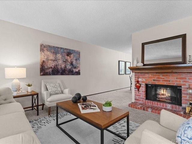 7101 W Yale Ave Unit 1305, Denver, CO 80227 - carpeted living room featuring a brick fireplace and a textured ceiling