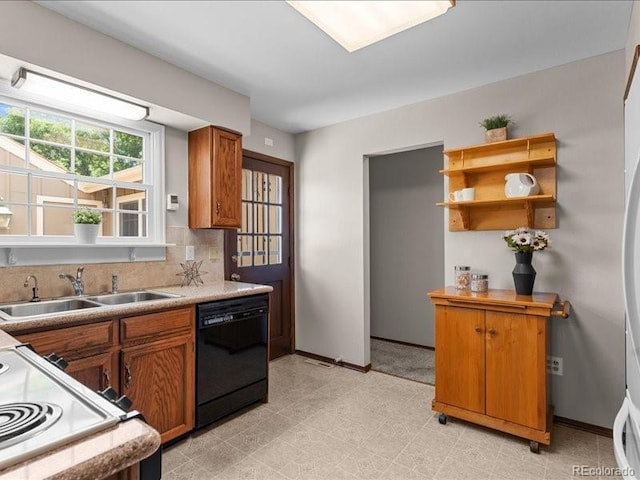7101 W Yale Ave Unit 1305, Denver, CO 80227 - kitchen featuring dishwasher, brown cabinets, stove, tasteful backsplash, and light countertops