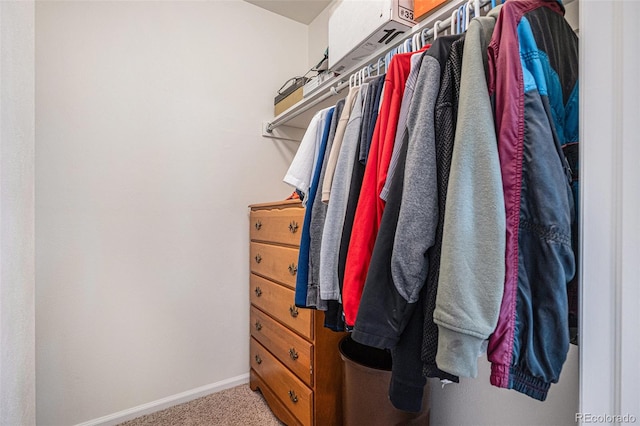 walk in closet featuring light carpet