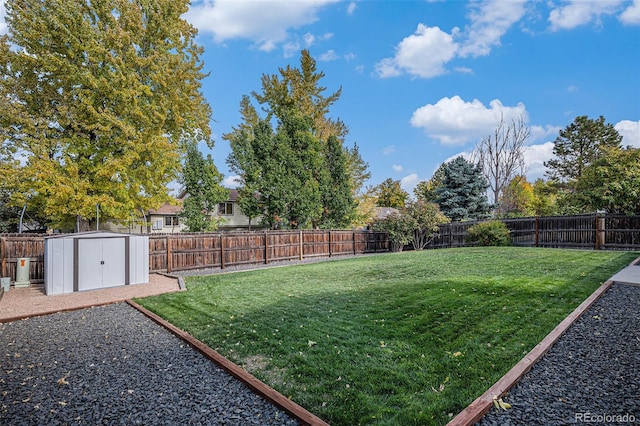 view of yard featuring a storage unit