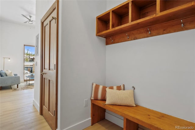 mudroom with ceiling fan and light wood-type flooring