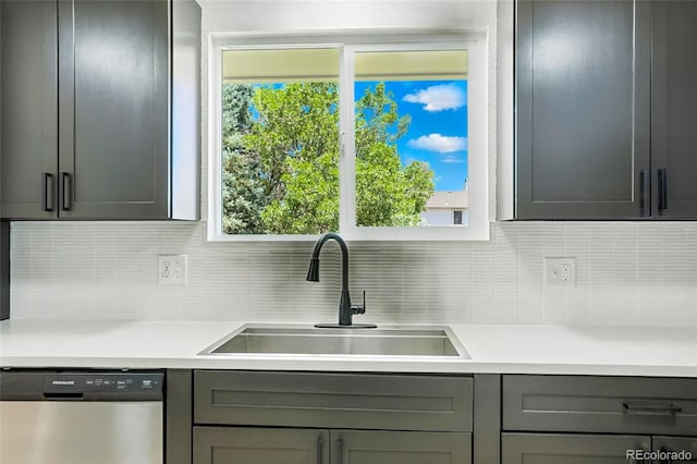 17875 E Carolina Pl, Aurora, CO 80017 - kitchen featuring dishwasher, tasteful backsplash, light countertops, gray cabinetry, and plenty of natural light