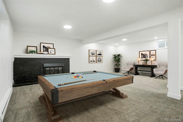 17875 E Carolina Pl, Aurora, CO 80017 - rec room featuring carpet floors, a glass covered fireplace, billiards table, and recessed lighting