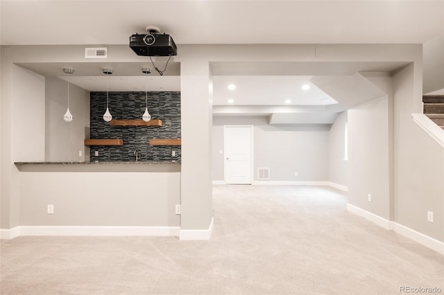 3473 Beeler St, Denver, CO 80238 - bar featuring recessed lighting, carpet floors, and stairway
