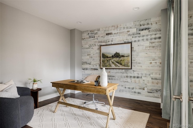 3473 Beeler St, Denver, CO 80238 - office with an accent wall, wood finished floors, recessed lighting, and wallpapered walls