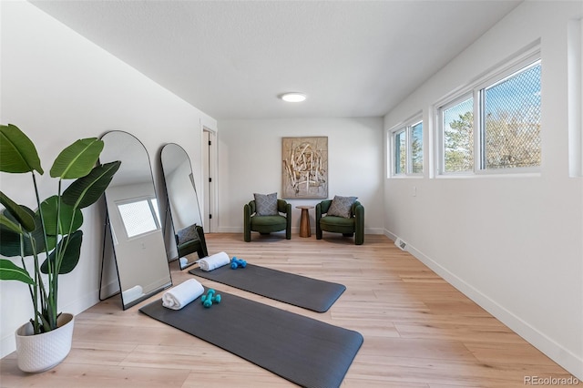 exercise room with light hardwood / wood-style floors